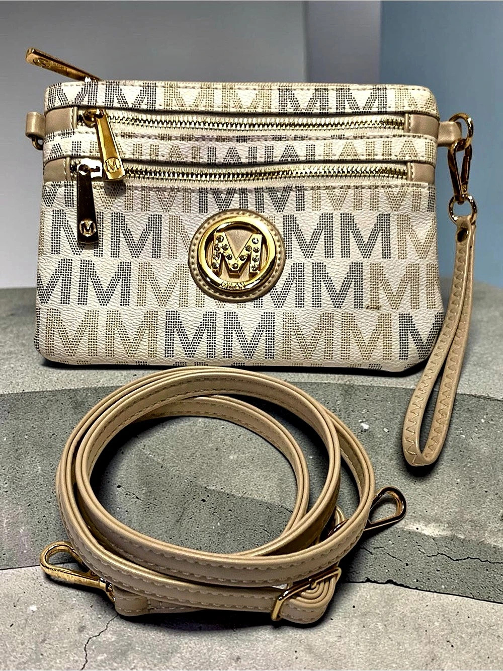 MKF Collection Geometric Crossbody Bag in Cream & Gray New